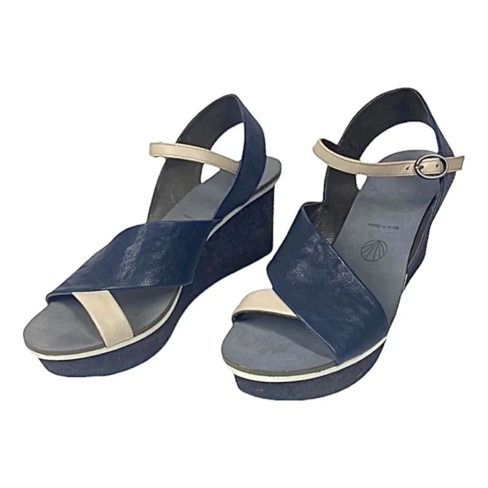 Coclico Guya Women’s Blue Leather Wedge Sandals Made in Spain 10.5 M
